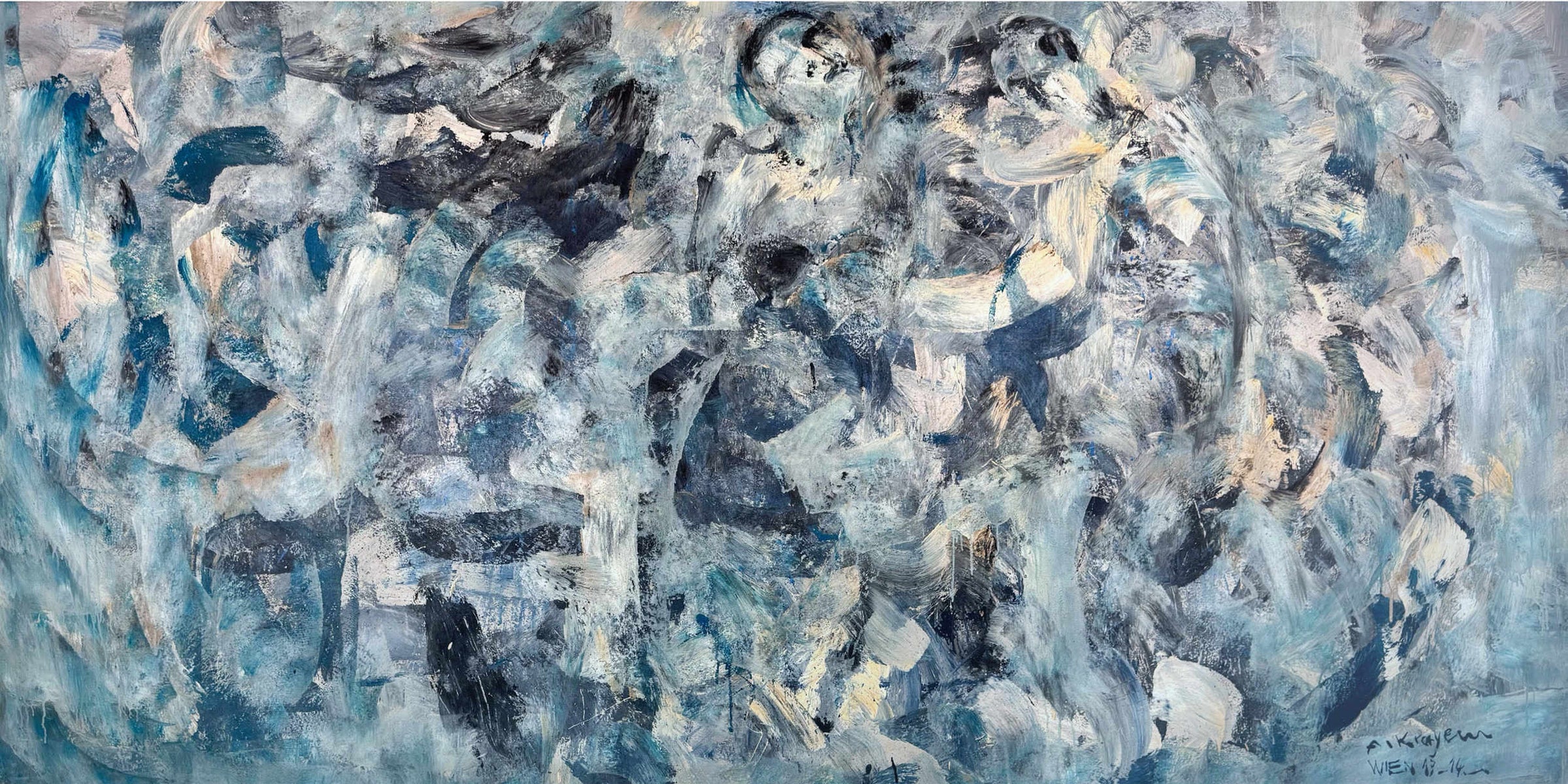 Abstraktes Gemälde mit schemenhaften Figuren in Blau und Türkis, Krayem „Der Sinn“, Pigment auf Leinen (Mischtechnik), 150 × 300 cm